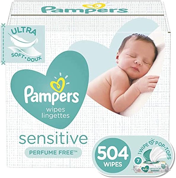 Lingettes pour bébé, Pampers Sensitive Hypoallergénique et non parfumé, 7 paquets Pop-Top, 504 pièces (l'emballage peut varier)